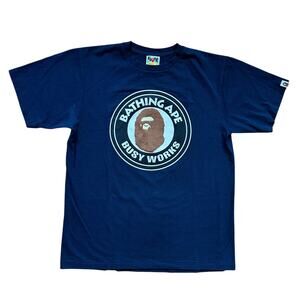 L Bape Navy Furry Ape Head Circle Logo Tee